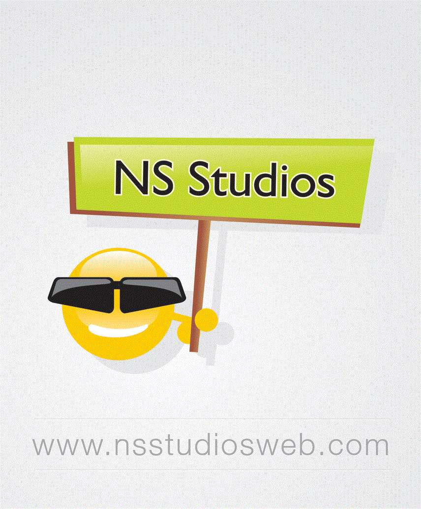 logo (smiley with sunglasses holds a sign that reads “NS studios!”)